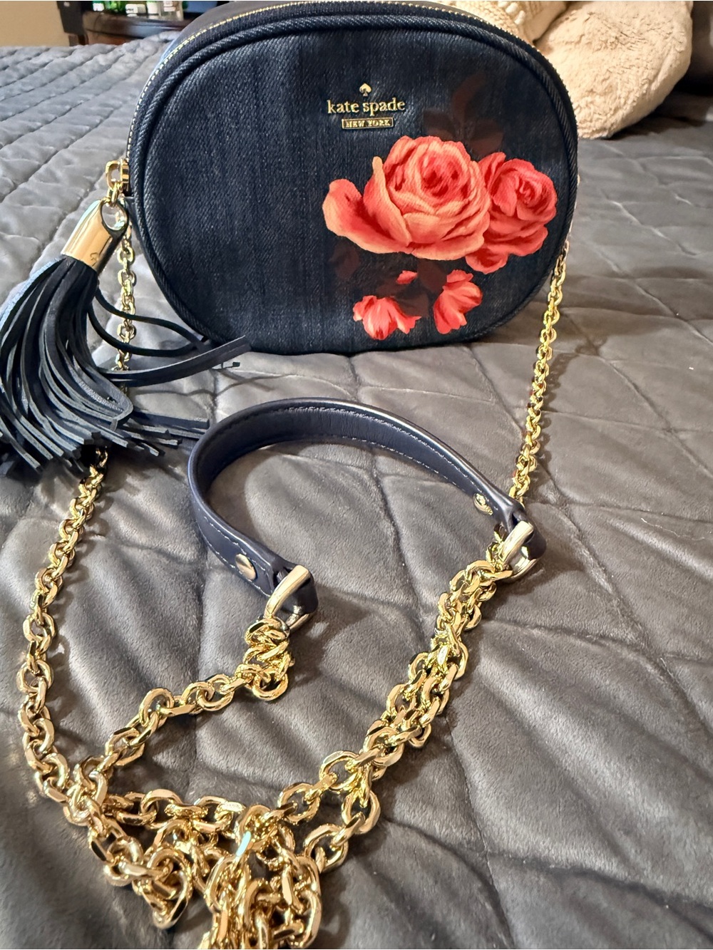 kate spade Navy Denim Crossbody with Red Floral and Gold Chain